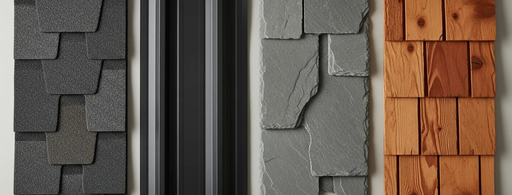 Four roofing material samples side by side: gray asphalt shingles, a dark metal panel seam, rough gray slate pieces and cedar shakes