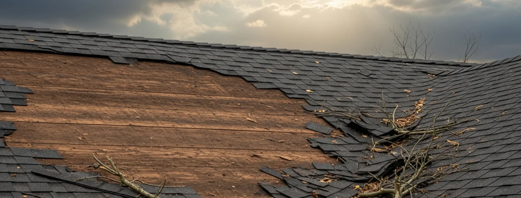 Illustration of an asphalt shingle roof with a patch of shingles missing, bare wood decking showing and tree branches lying on the slope